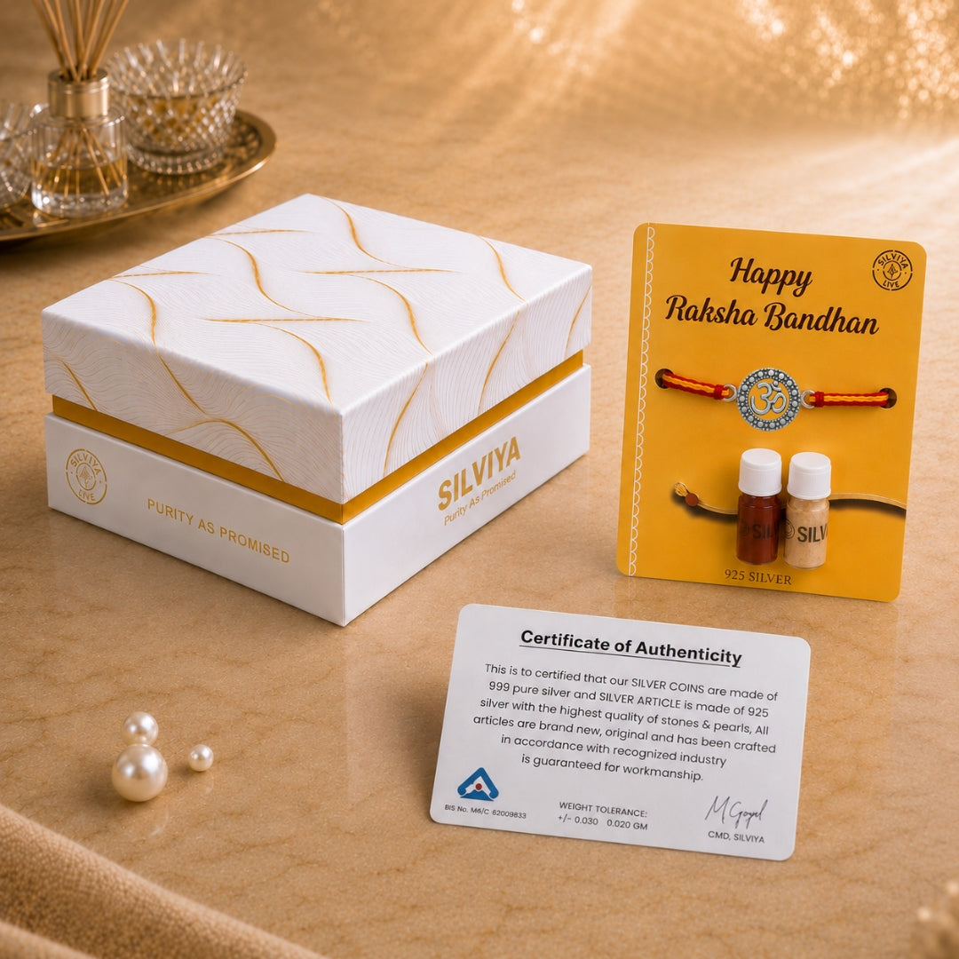Premium Silviya gift box packaging for Silver Om Style Rakhi – ideal 925 silver Raksha Bandhan gift for brother.