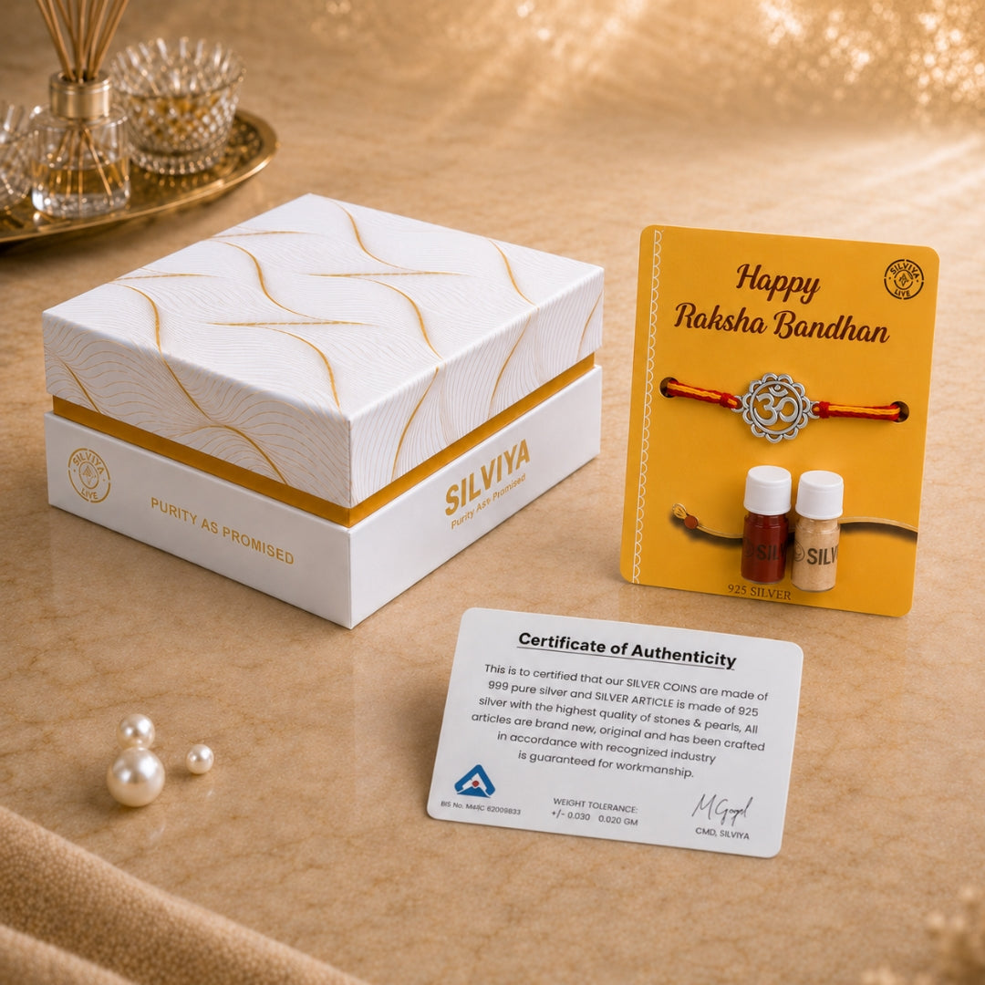 Premium Silviya gift box packaging for Silver Om Symbol Rakhi – ideal 925 silver Raksha Bandhan gift for brother.
