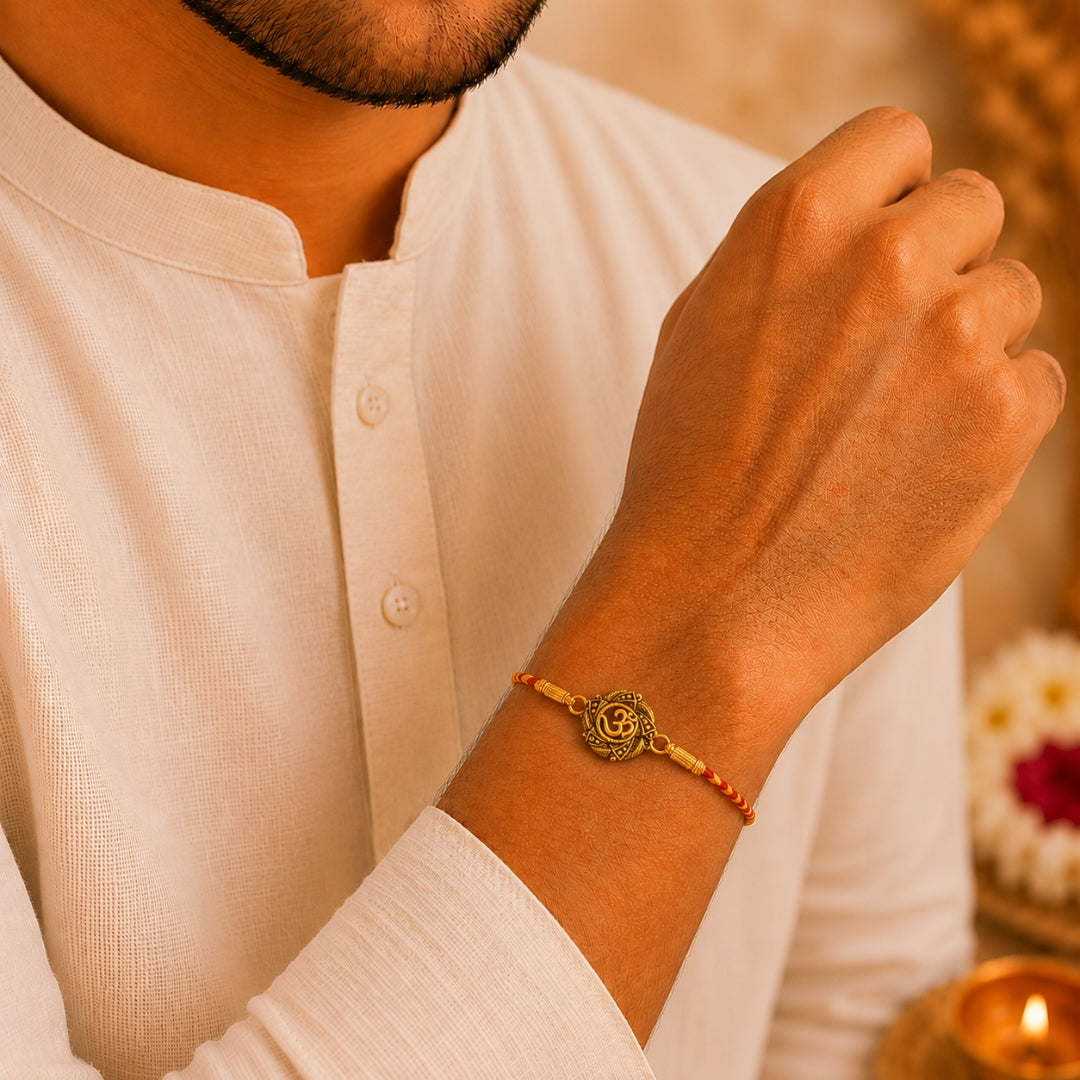 Brother wearing Silver Om with Leaf Rakhi by Silviya – 925 silver rakhi for Raksha Bandhan.