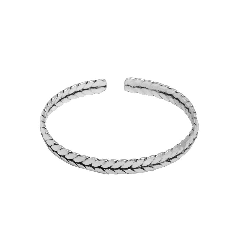 Silver Open Cuff Braided Woven Band – handcrafted woven design on plain background