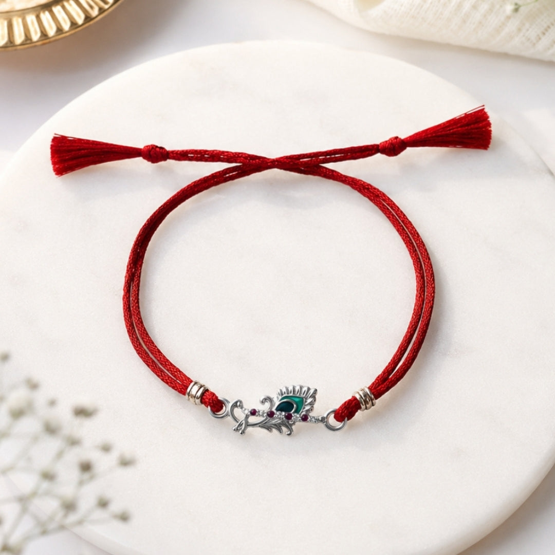 Silver Pankh Bansuri Rakhi for Brother with Red Thread | Raksha Bandhan Gift