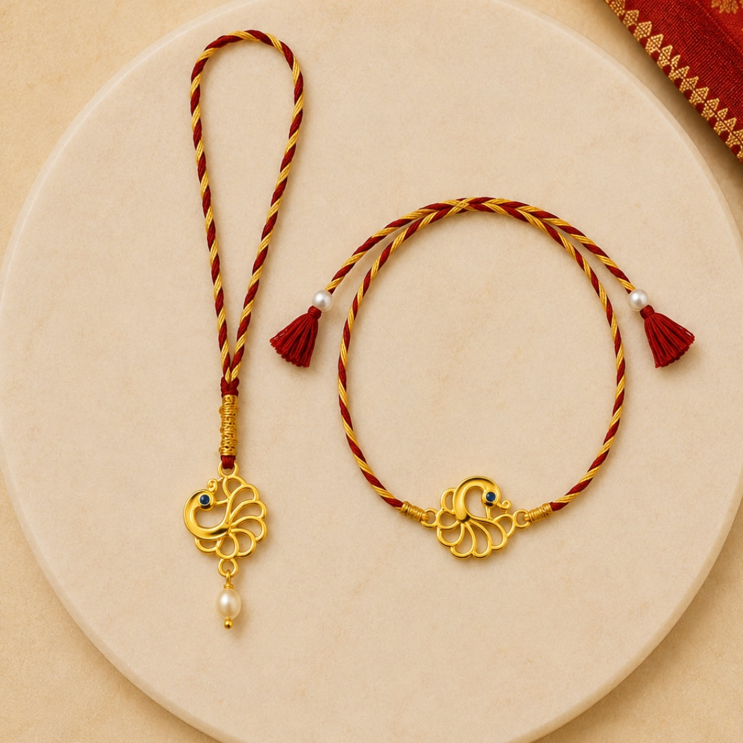Silver Peacock Design Rakhi and Lumba Set crafted in 925 silver with red thread – perfect Raksha Bandhan combo by Silviya.