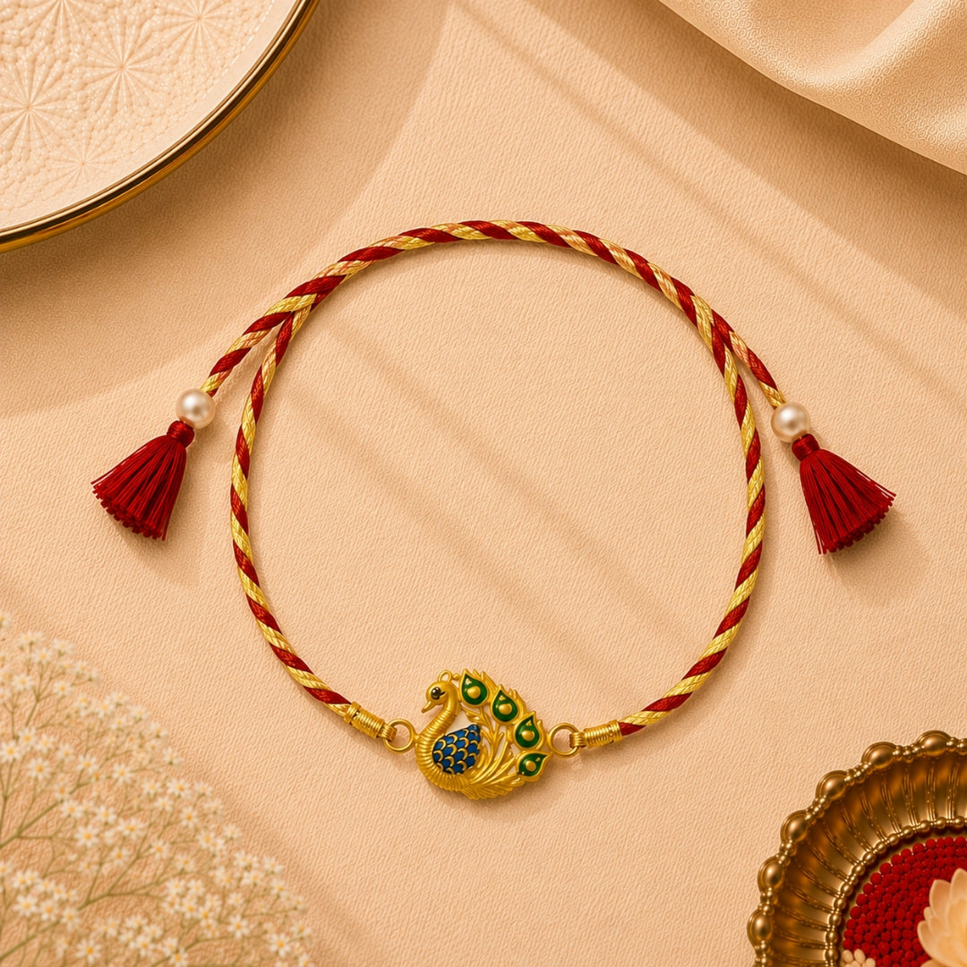 Silver Peacock Meena Art Rakhi placed with roli chawal and festive decor – premium 925 silver Raksha Bandhan gift by Silviya.