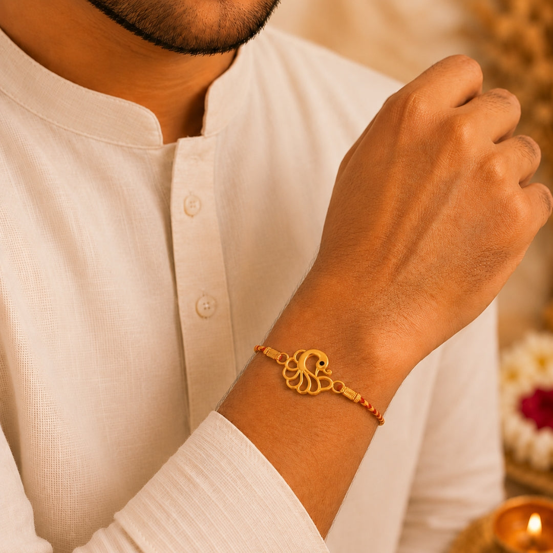 Brother wearing Silver Peacock Rakhi from Silviya – elegant 925 silver rakhi design for Raksha Bandhan