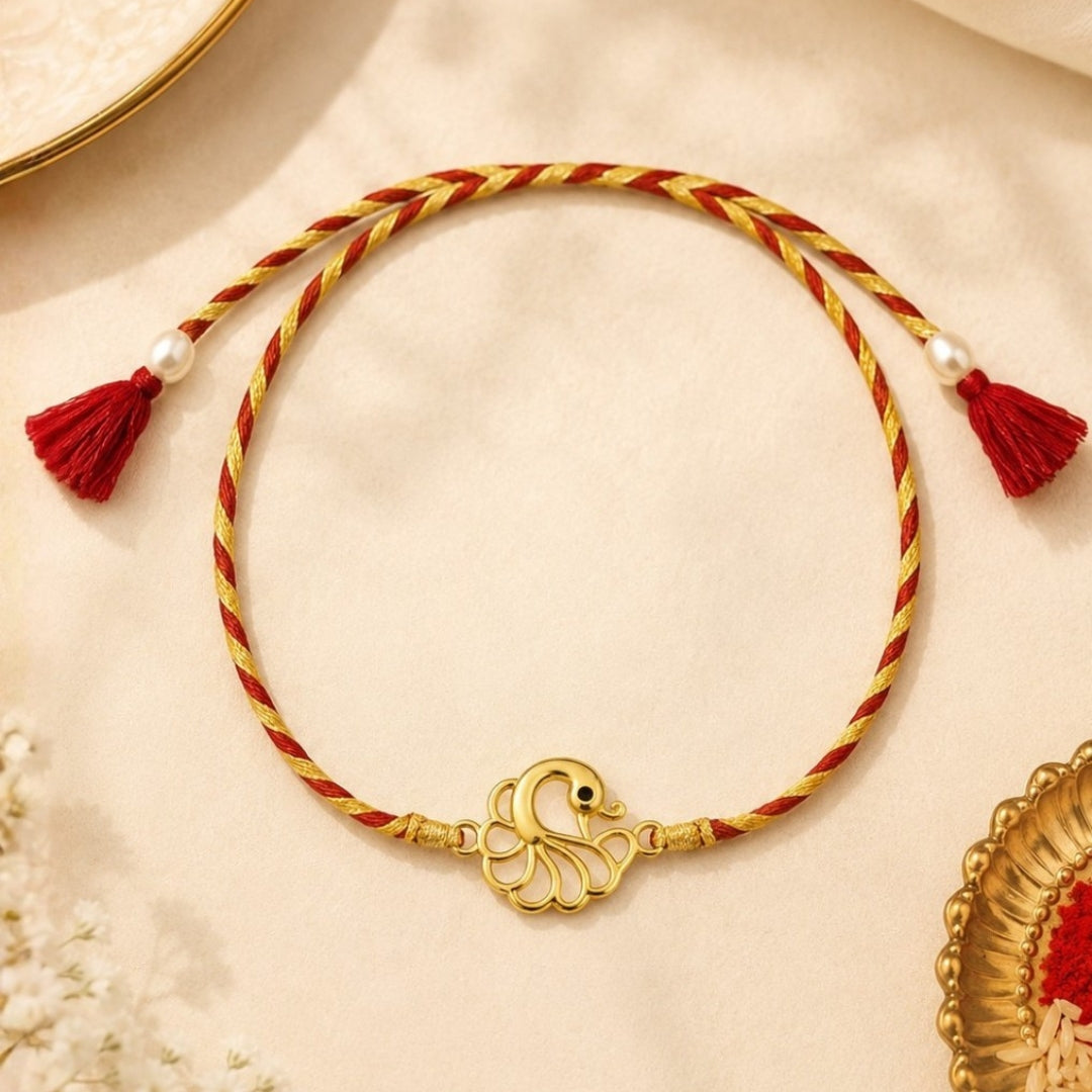 A silver peacock rakhi is placed with roli, chawal and festive decor – a premium 925 silver Raksha Bandhan gift by Silviya.