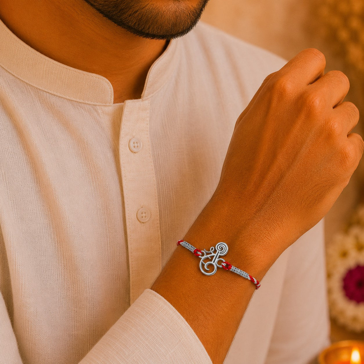 Brother wearing Silver Shree Design Rakhi made with 925 Sterling Silver
