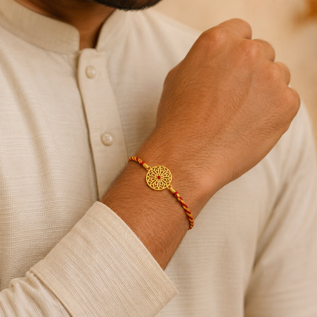 Brother wearing Silver Sun Star Rakhi by Silviya – 925 silver rakhi for Raksha Bandhan.