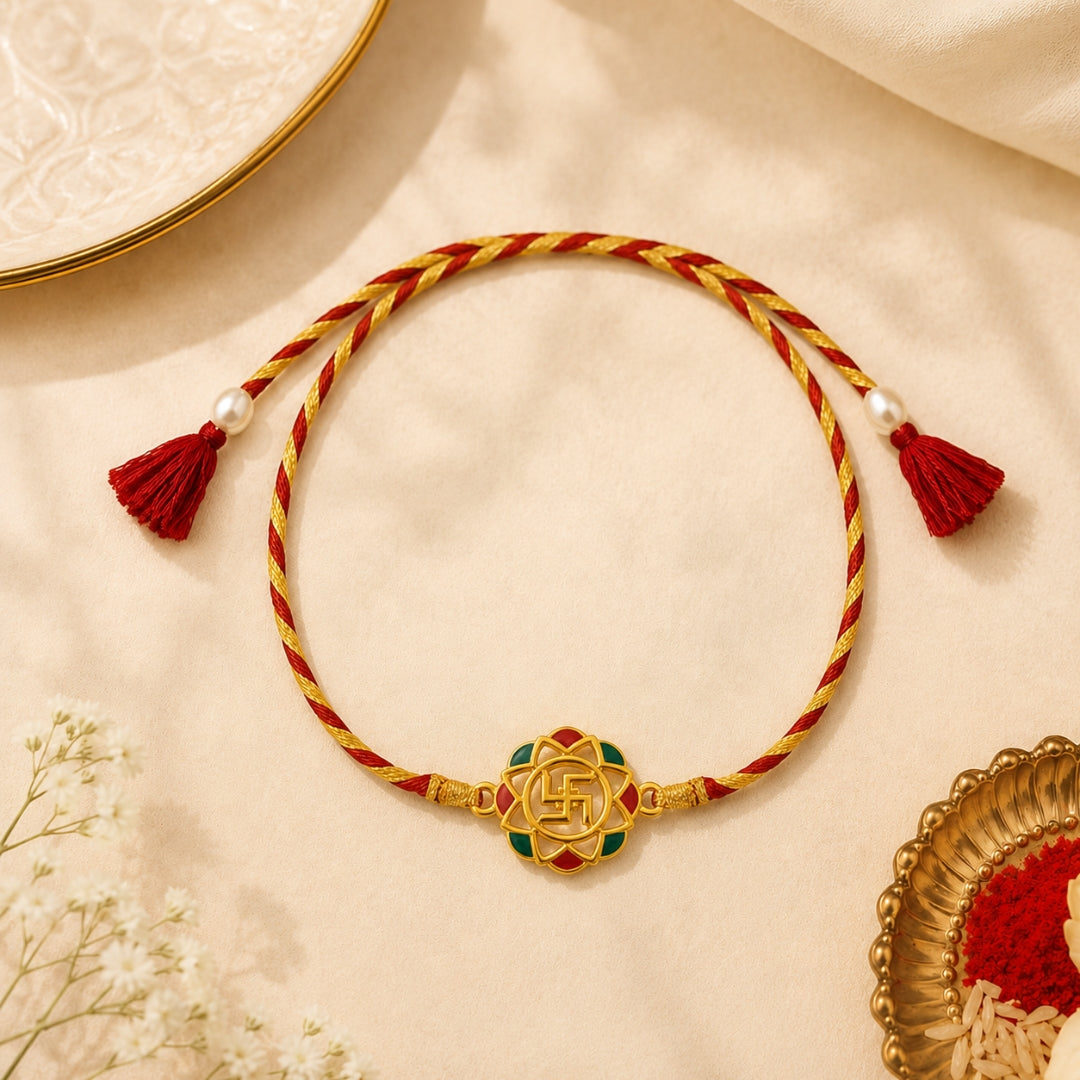 Silver Swastik Meena Art Rakhi placed with roli chawal and festive setup – premium 925 silver Raksha Bandhan gift by Silviya.