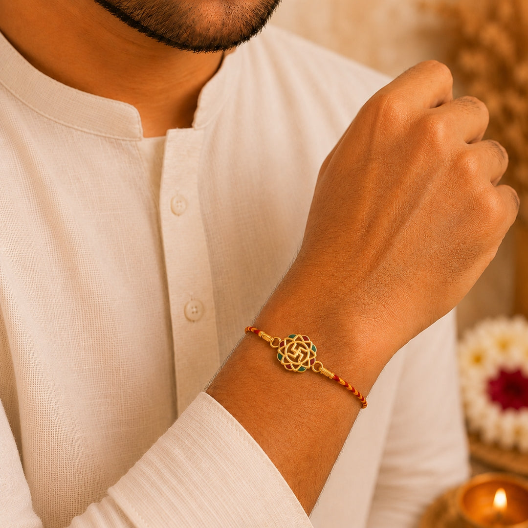 Brother wearing Silver Swastik Meena Art Rakhi by Silviya – stylish 925 silver rakhi for Raksha Bandhan.