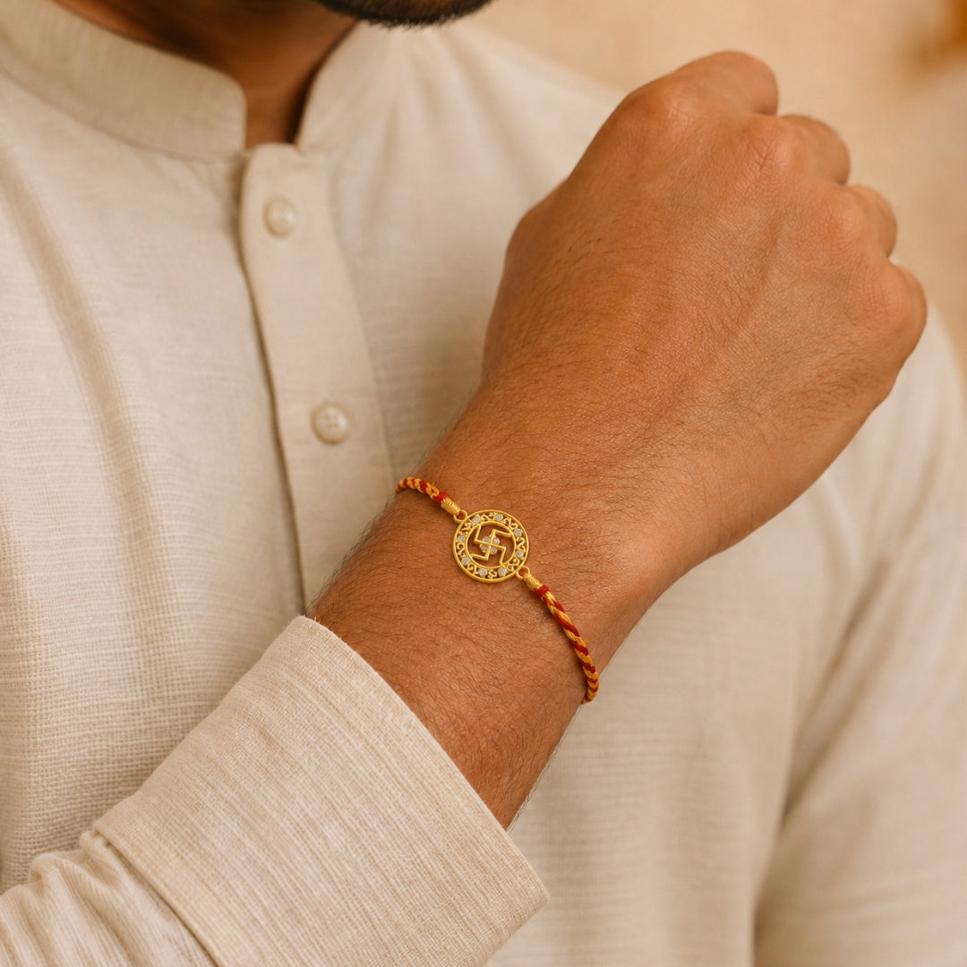 Brother wearing Silver Swastik Stone Rakhi by Silviya – pure 925 silver rakhi design for Raksha Bandhan.