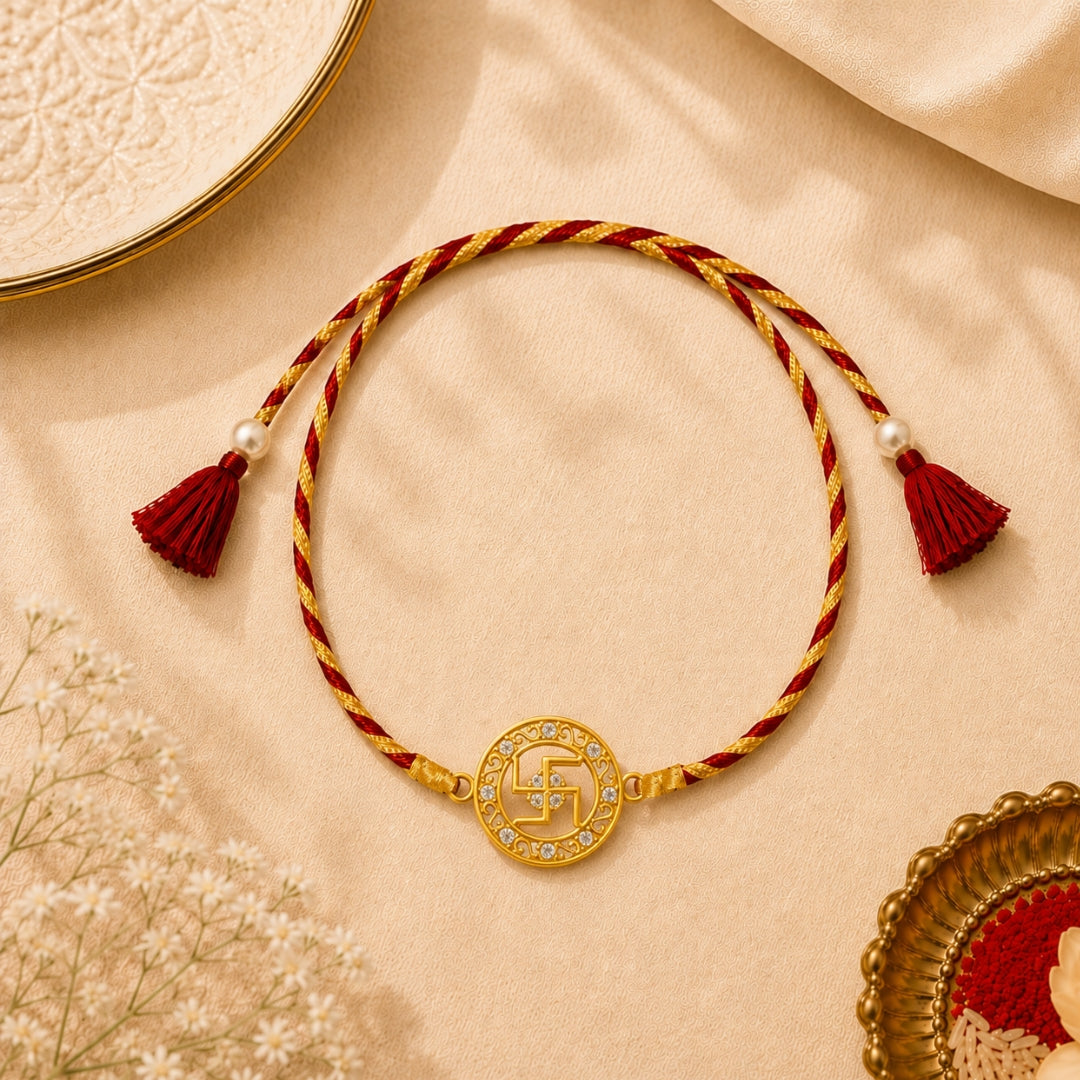 Pure Silver Swastik Stone Rakhi placed with roli chawal and pooja thali – beautiful Raksha Bandhan presentation by Silviya.
