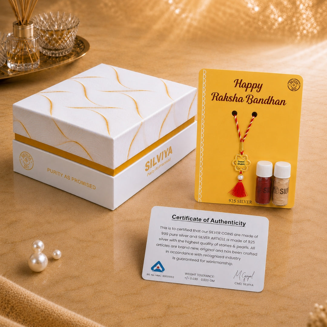 Premium Silviya gift box packaging for Silver Sweet Bhabhi Lumba Rakhi – perfect 925 silver Raksha Bandhan gift for bhabhi.