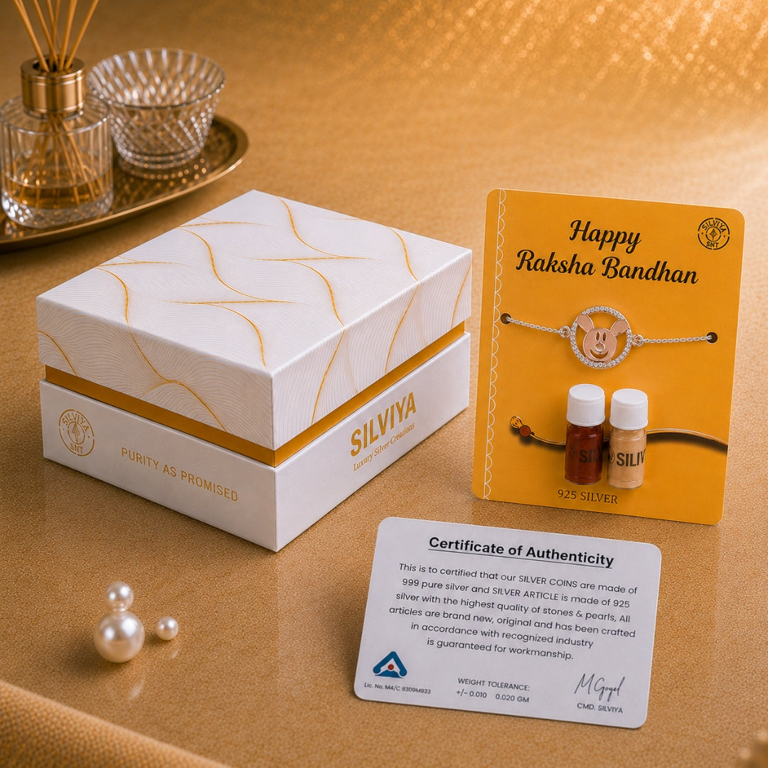 Premium Silviya gift box packaging for Silver Teddy Rakhi for Kids – ideal 925 silver gift for Raksha Bandhan.