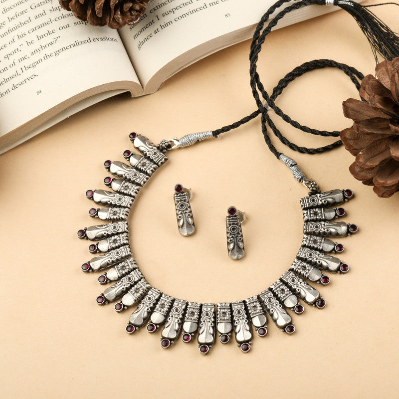 Solid Oxidized 925 Silver Necklace displayed on festive prop – Raksha Bandhan and Bhai Dooj gift idea