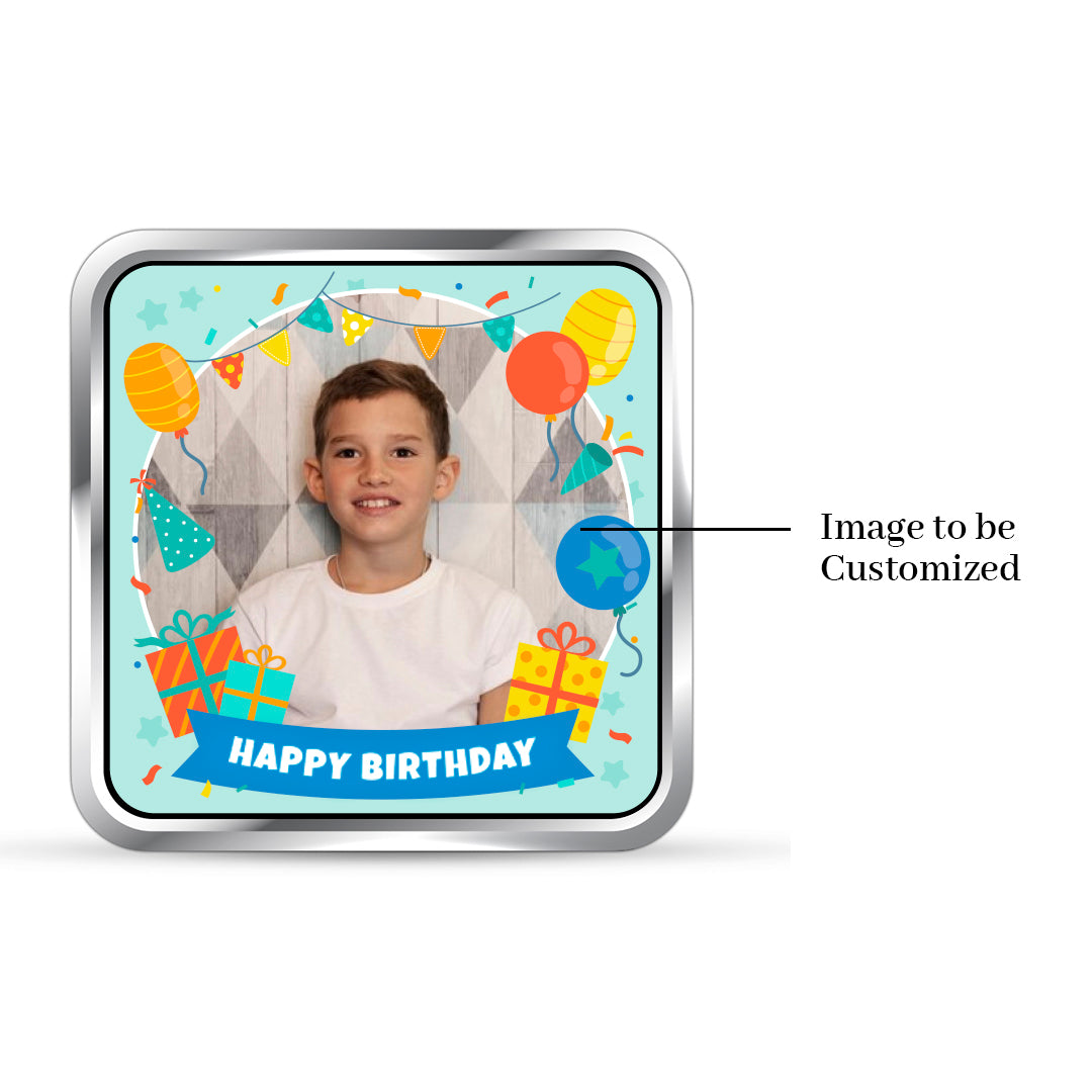 Square 999 pure silver birthday coin with customised photo on front.
