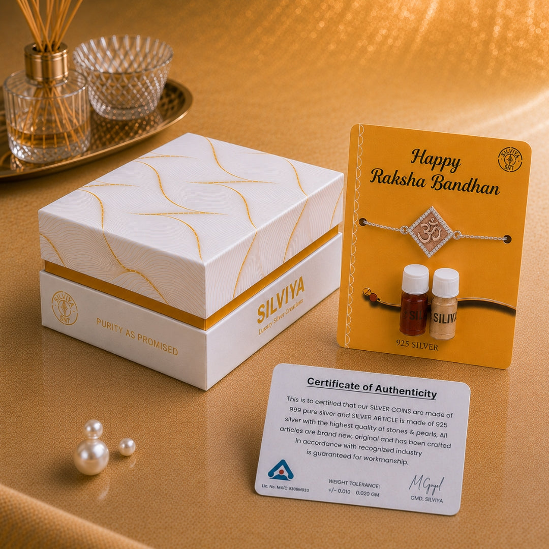 925 silver Om rakhi gift set for Raksha Bandhan with roli chawal and certificate of authenticity from Silviya