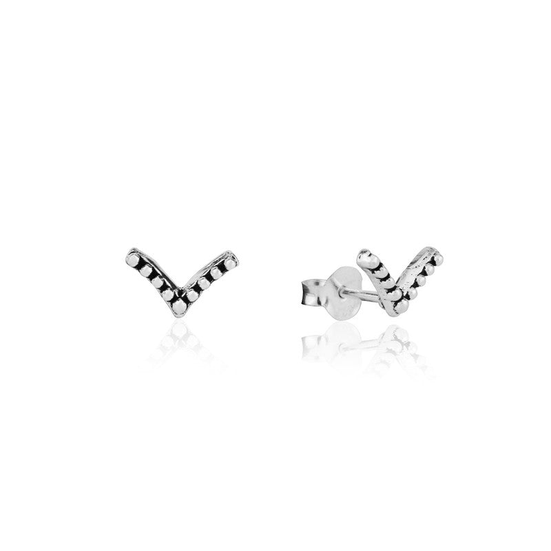 Sterling Silver V-Shaped Stud Earrings close-up – stylish festive jewelry for women, ideal Diwali and wedding gift.
