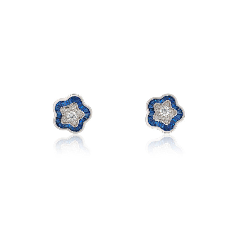 Sterling silver blue floral stud earrings for women – elegant festive jewellery for Diwali, Navratri, and wedding celebrations.