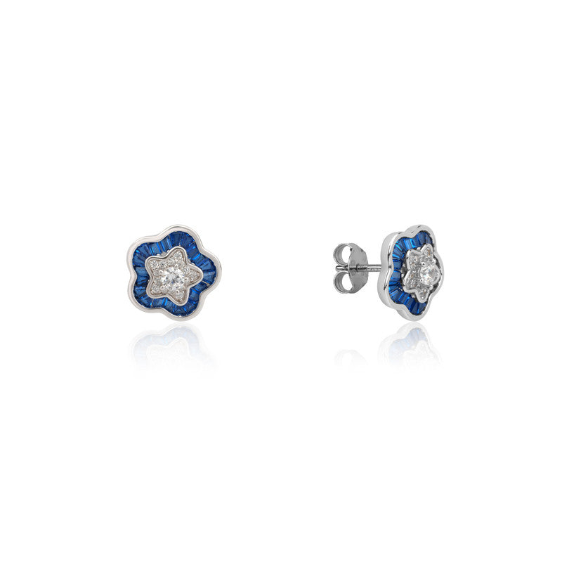 Pure sterling silver blue floral stud earrings – sparkling festive jewellery for women, ideal for Diwali, Navratri, and gifting.