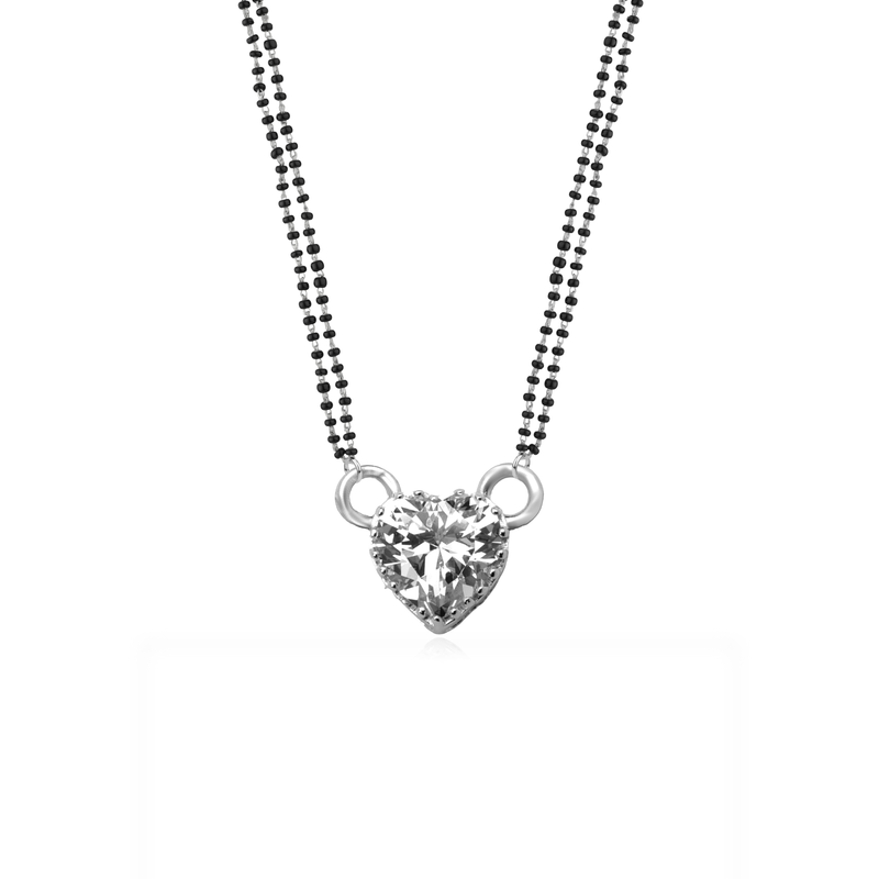 925 Silver Symbol of Love Mangalsutra with heart-shaped pendant and black beaded chain, perfect for daily wear and gifting.