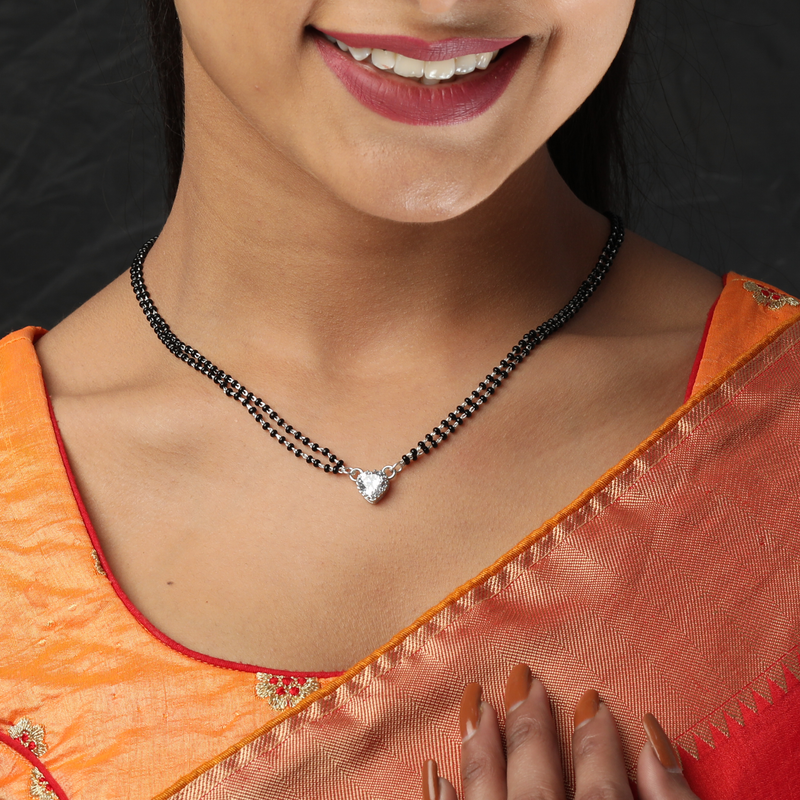 Model wearing 925 Silver Symbol of Love Mangalsutra – elegant and lightweight pendant necklace for women.