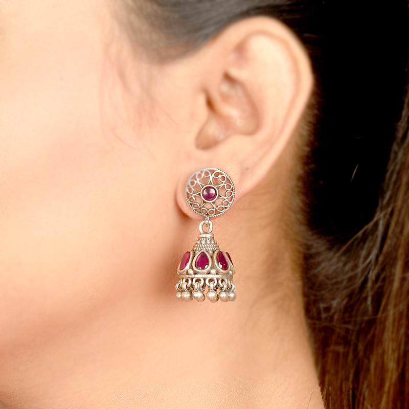 Traditional 925 silver jhumka earrings on model – elegant ethnic accessory for weddings, Karwa Chauth, and festive outfits
