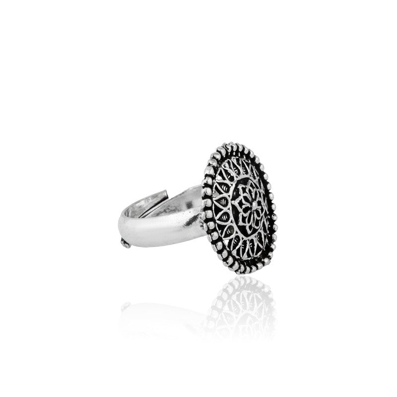 Trendy Round Antique Ring 925 Silver on white background – festive silver jewellery gift for Diwali