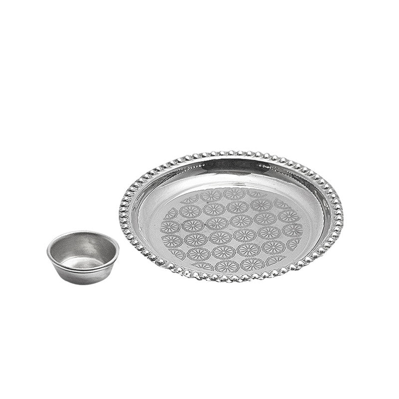 925 Silver Round Puja Plate with Katori for Temple Pooja