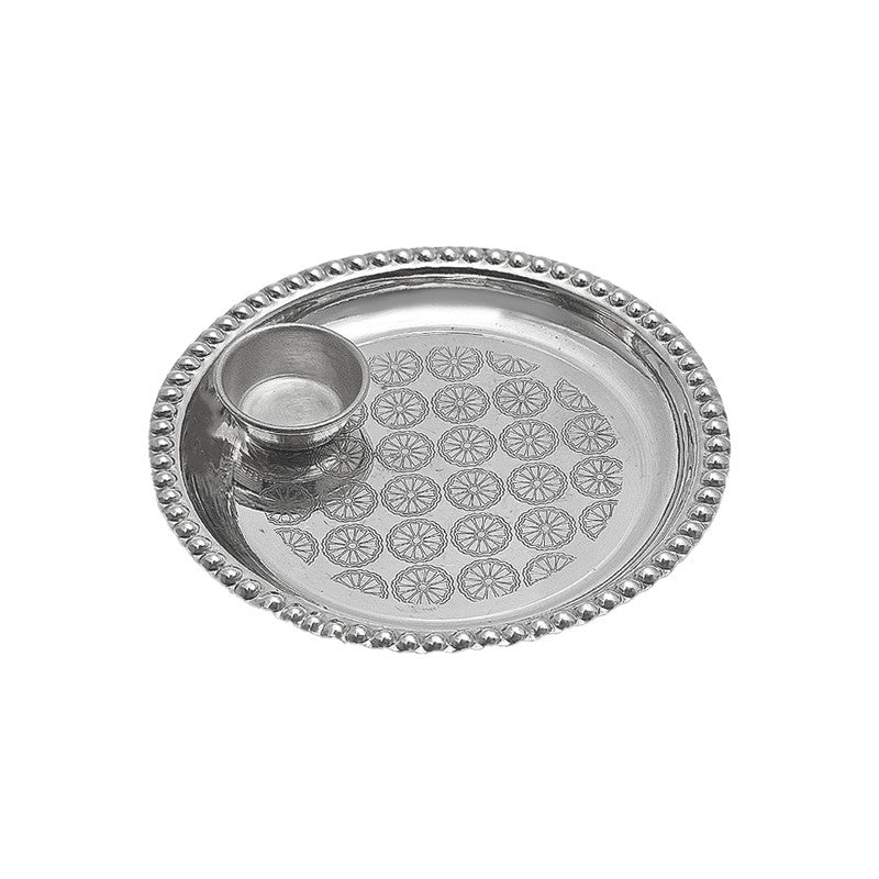 925 Silver Round Puja Plate with Katori for Temple Pooja