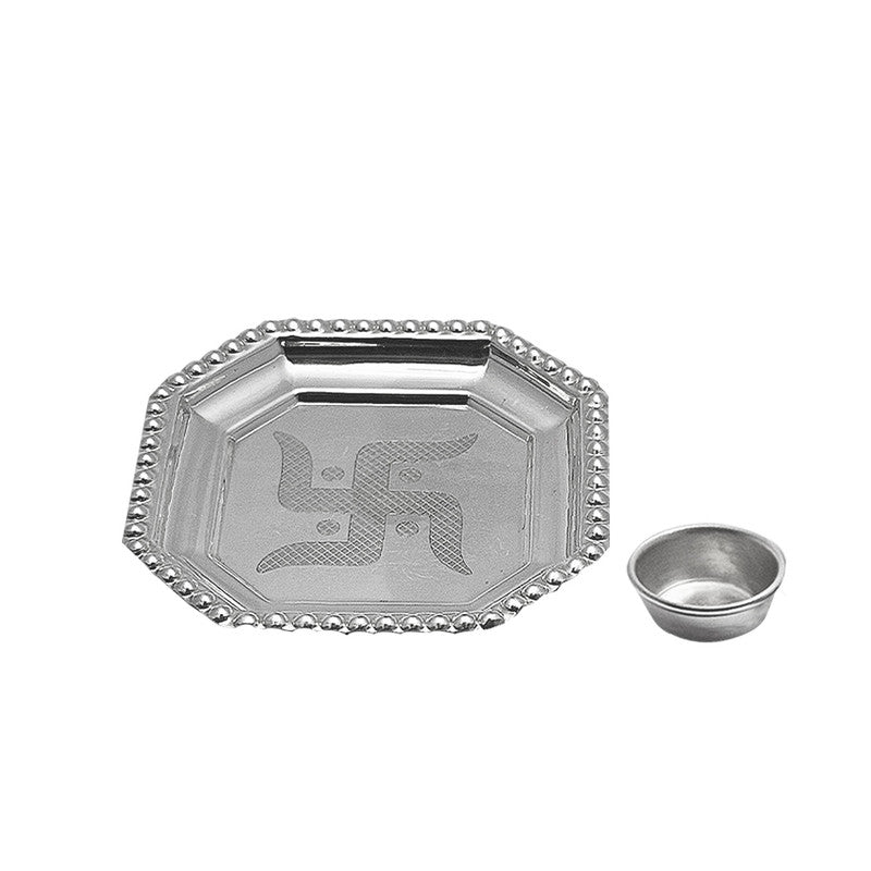 925 Silver Swastik Imprint Ashtkon Puja Plate with Katori