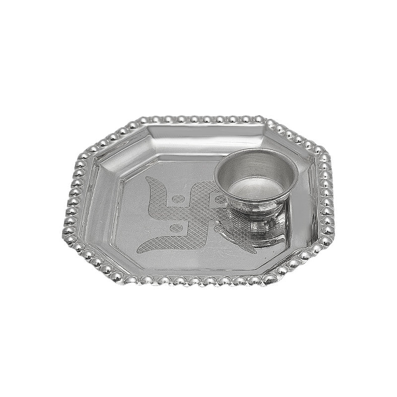 925 Silver Swastik Imprint Ashtkon Puja Plate with Katori