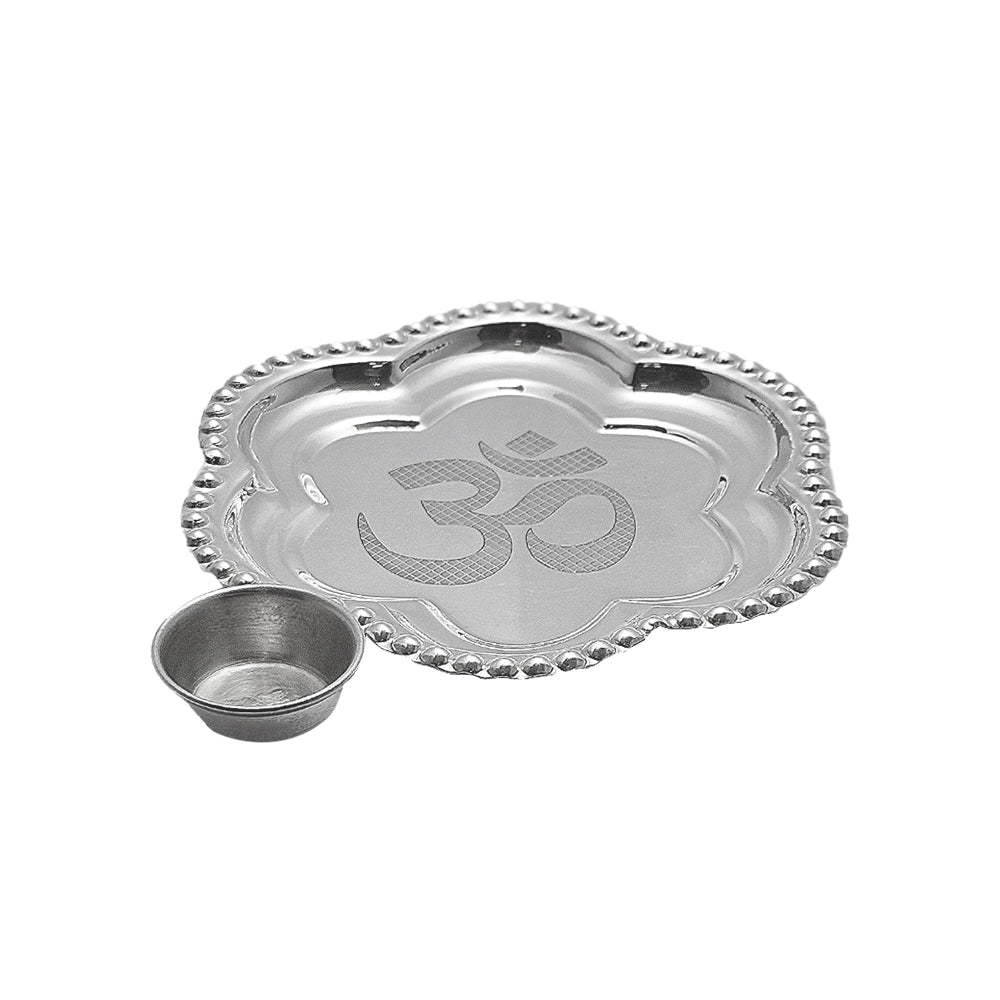 925 Silver Om Imprint Puja Plate with Katori for Temple Puja