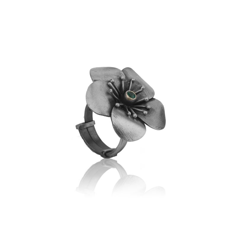 925 Oxidised Five Petals Adjustable Ring