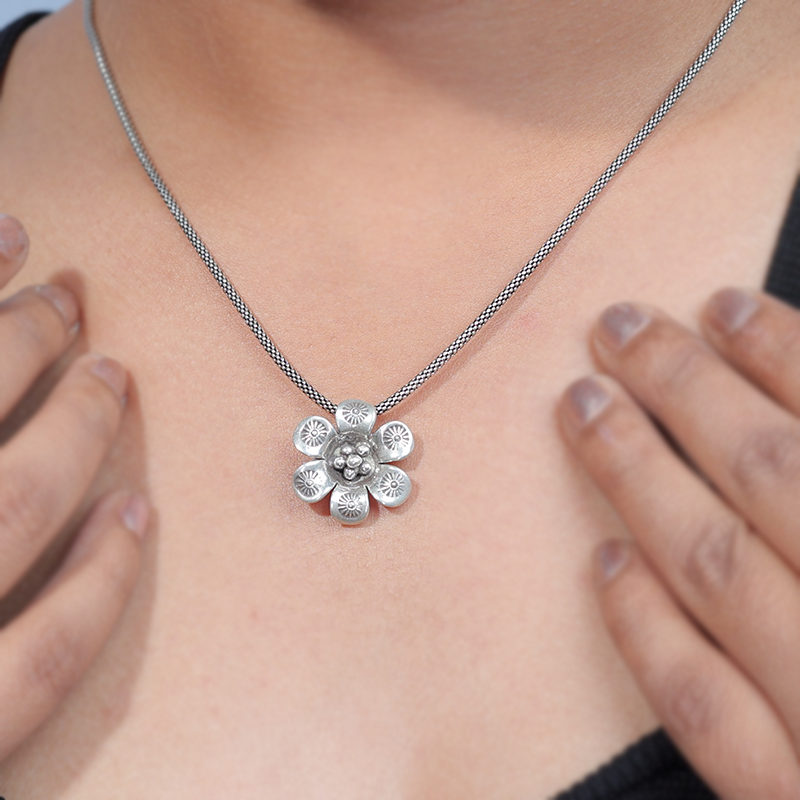 Tiny Oxidized Silver Flower Pendant