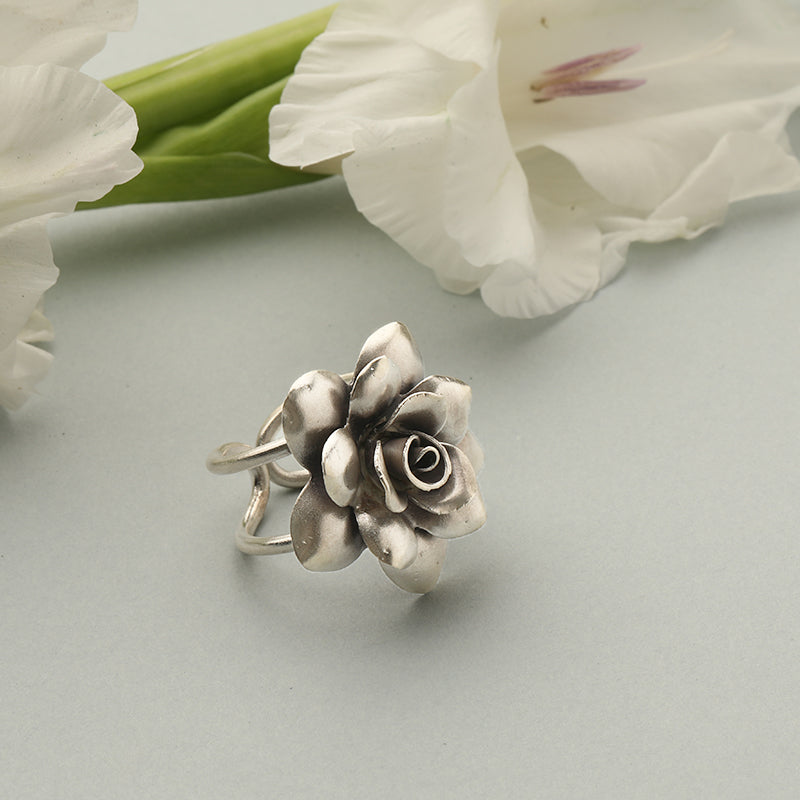 925 Silver Three Layer Flower Oxidized Ring