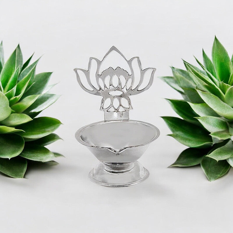 925 Silver Diya with Lotus Design for Temple & Puja