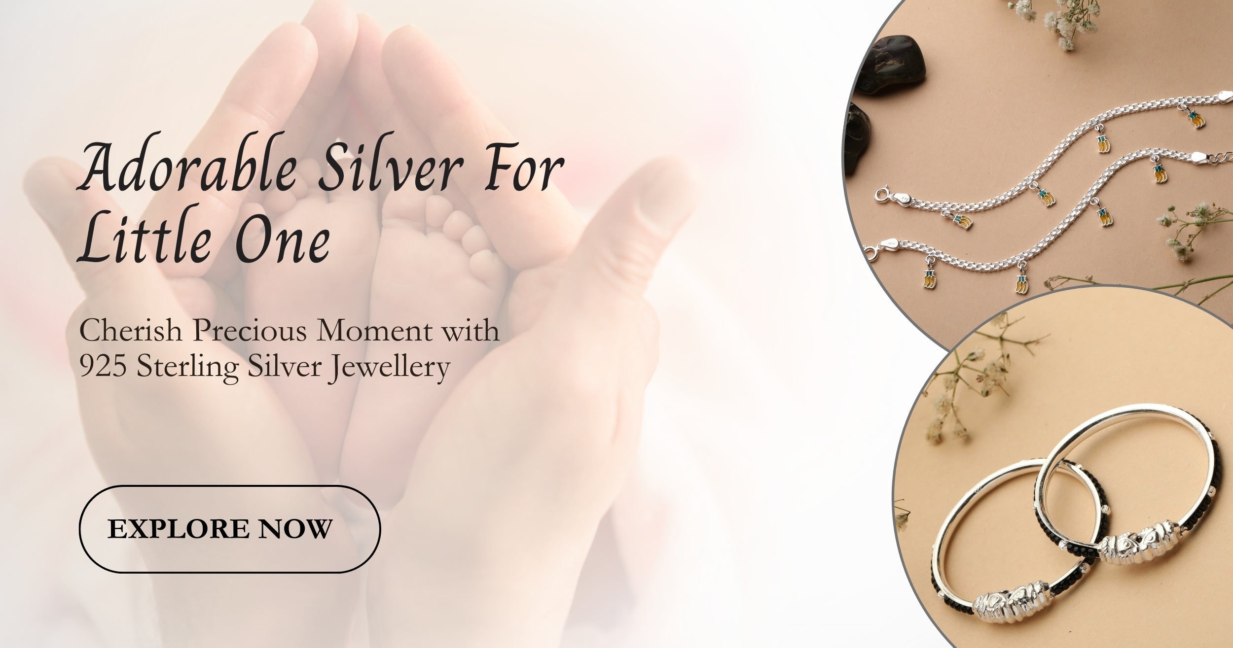 Silver jewelry for children with text on a beige background