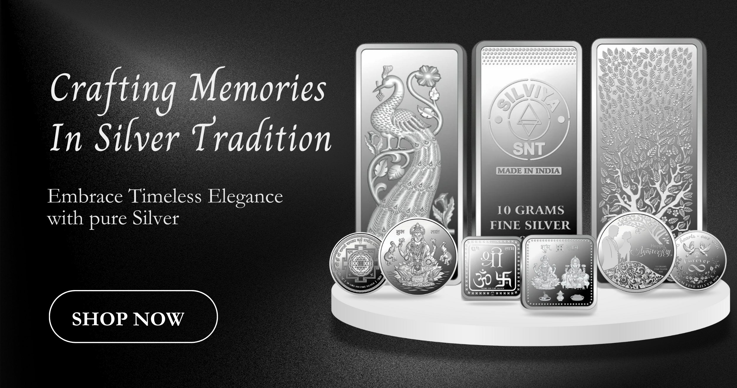 Silver bars and coins displayed on a stand with promotional text on a black background