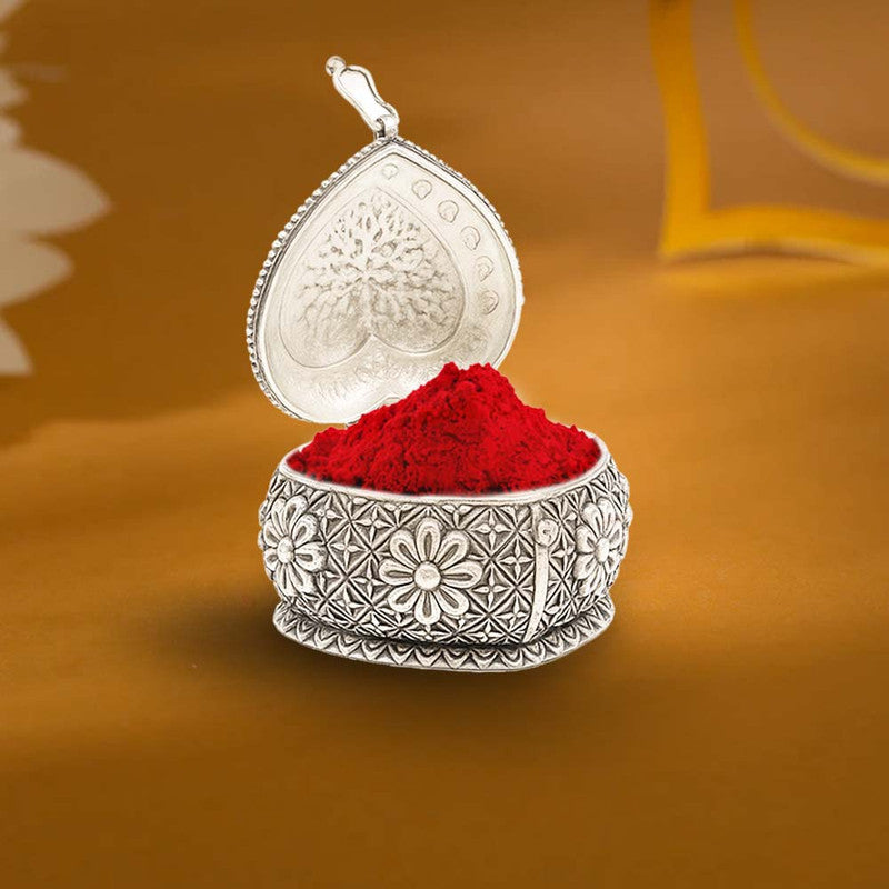 925 Silver Heart Shape Flower Design Engraved Sindoor Box