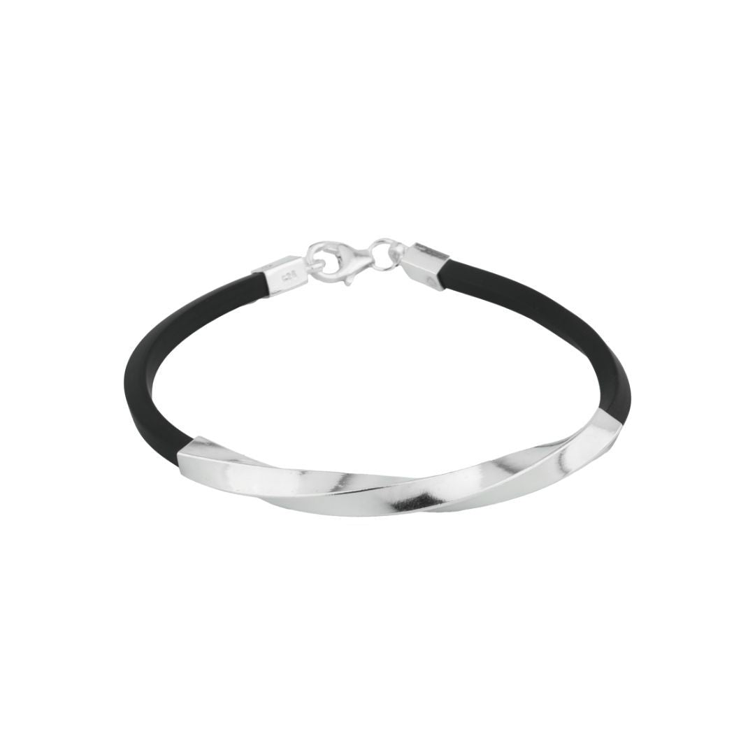 A close-up image of a black bead silver bracelet.