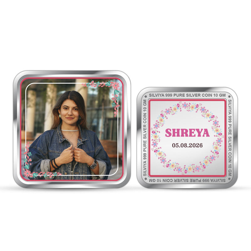 Birthday Customized 999 Pure Silver Square Coin Floral Design
