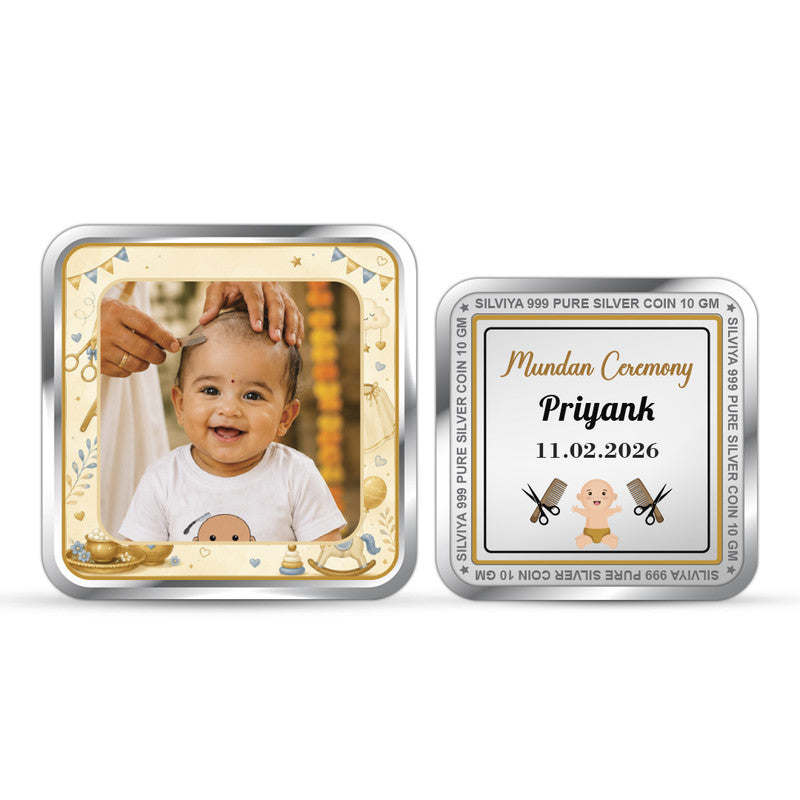 Mundan Ceremony Customized 999 Pure Silver Coin Square Shape