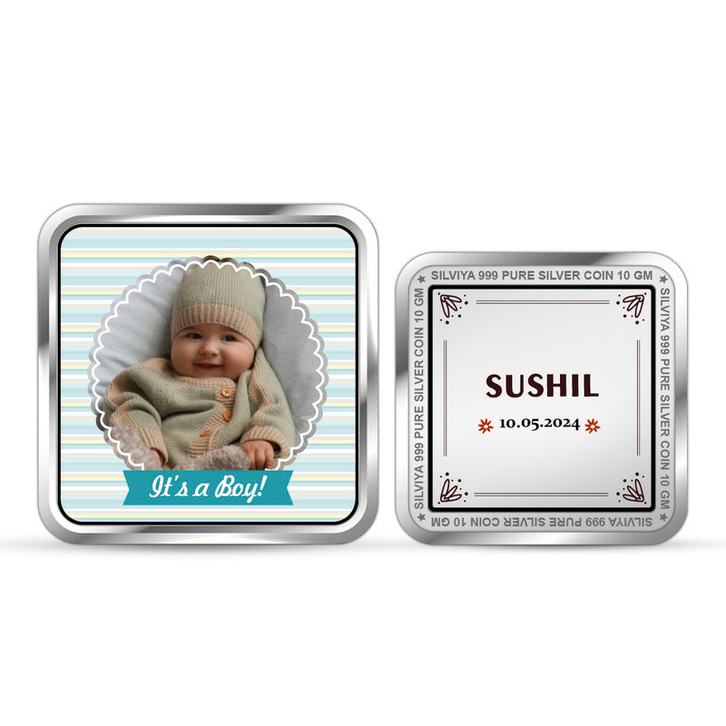 Personalized New Born Baby Boy 999 Pure Silver Coin Square