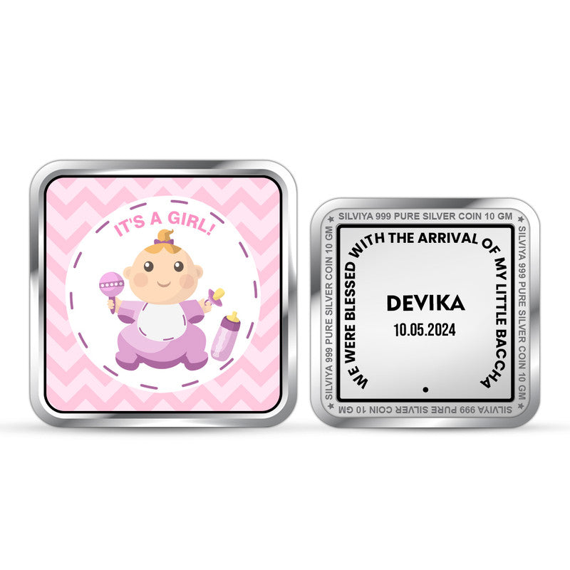 Personalized New Born Baby Girl 999 Pure Silver Square Coin