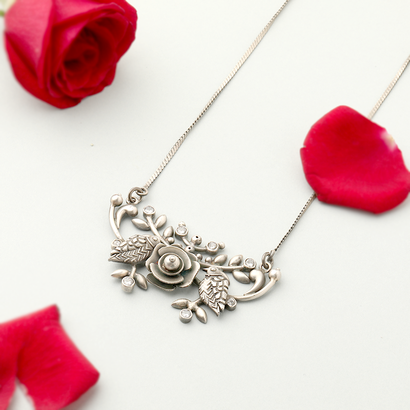 Oxidized Silver Bird & Flower Necklace