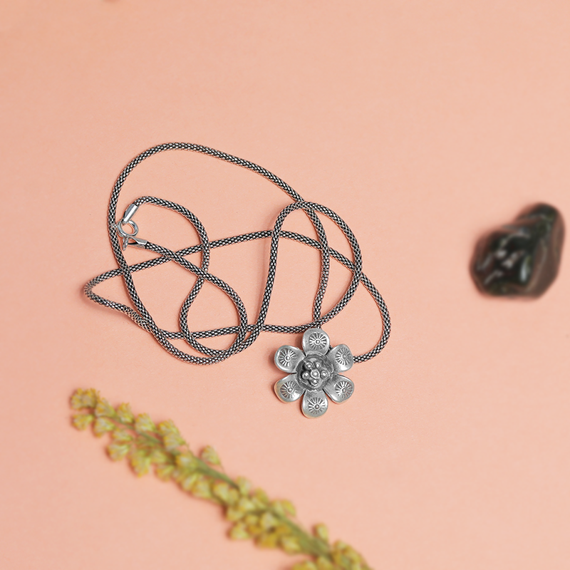 Tiny Oxidized Silver Flower Pendant