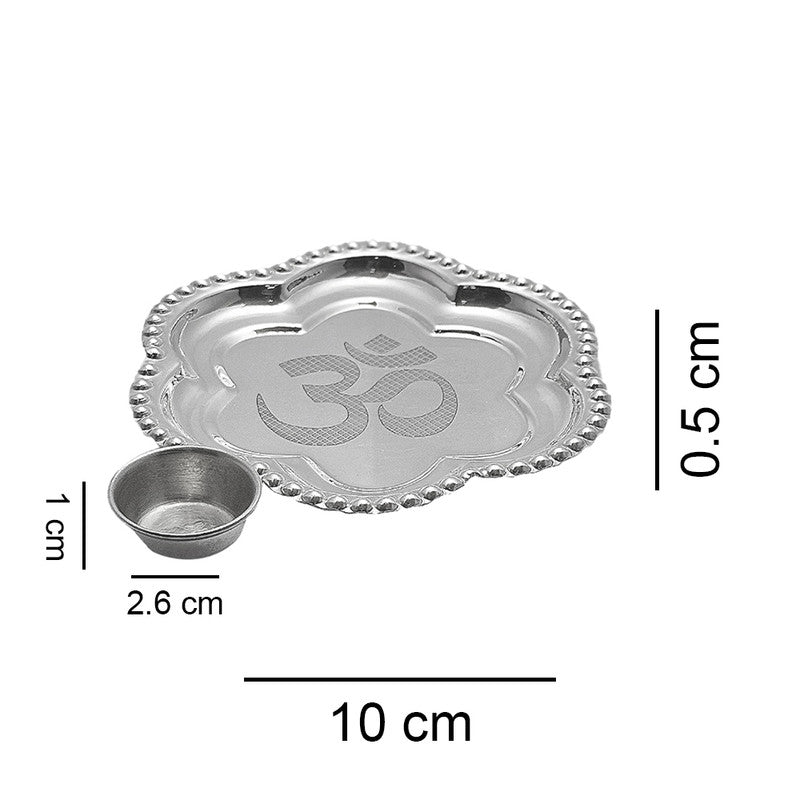 925 Silver Om Imprint Puja Plate with Katori for Temple Puja