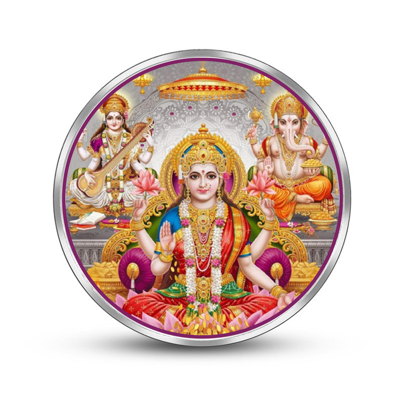Laxmi Ganesh Ji 999 pure silver coin round shape for Diwali, puja, and festive gifting.