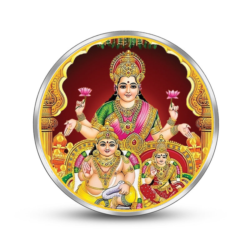 Laxmi and Kuber Ji 999 pure silver round coin for wealth, prosperity, and Diwali gifting.