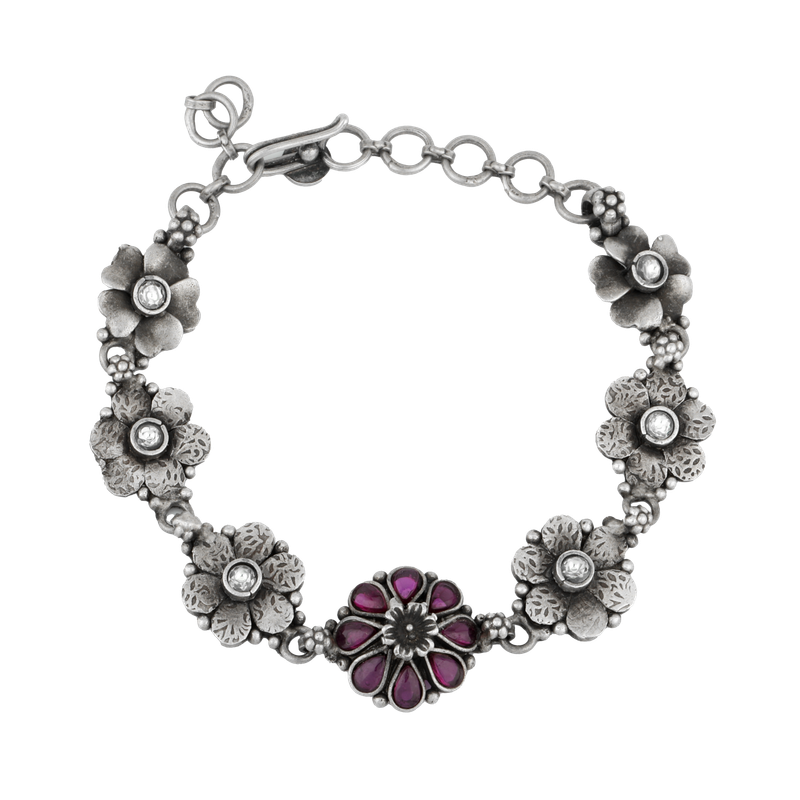 Antique Silver Pink Flower Bracelet